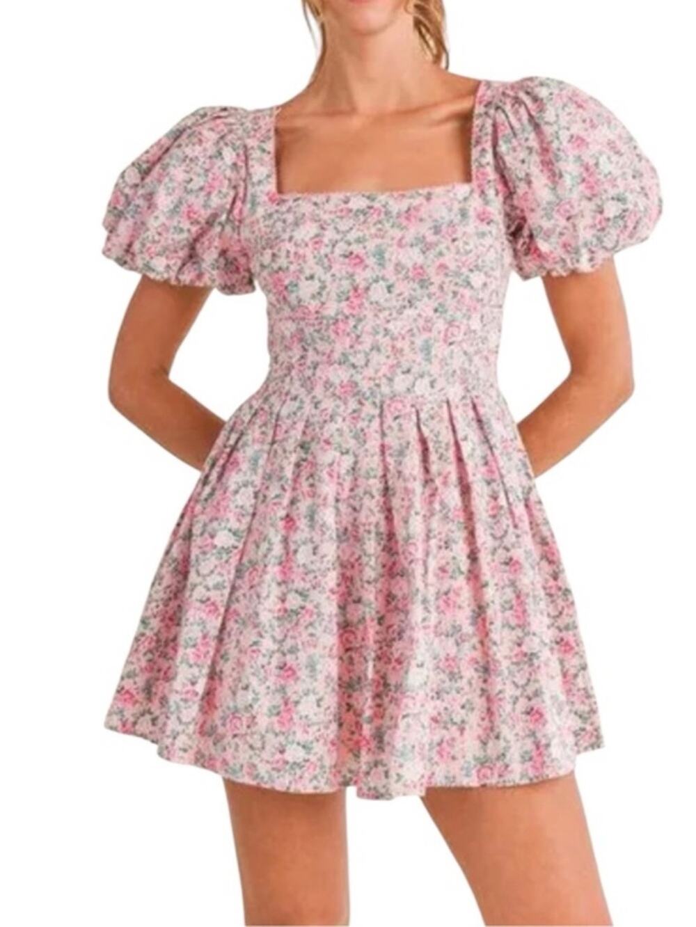 MABLE Floral Square Neck Mini Dress Short Puff Sleeve Pleated Boho Cottagecore